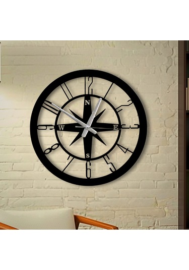 Pusula Temalı Şık Dekoratif Duvar Saati Siyah Metal 40 Cm Siyah