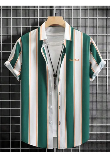 Snapbuy 2025 Erkek 3d Havai Gömlek - Basit Çizgili, Gevşek Nefes, Yazlık Kısa Kollugümüş Gümüş