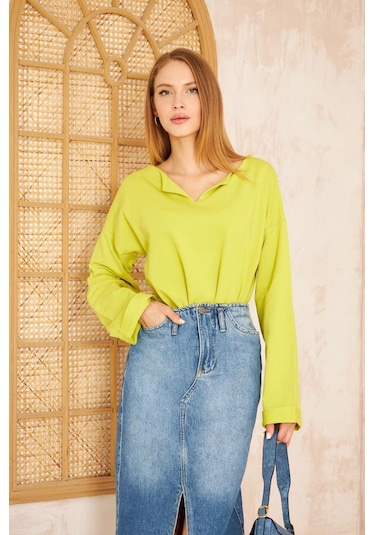 Kadın Ekstra Uzun Duble Kol / Yakası Yırtmaçlı Salaş Sweatshirt Bluz 3470190 Yağ Yeşili