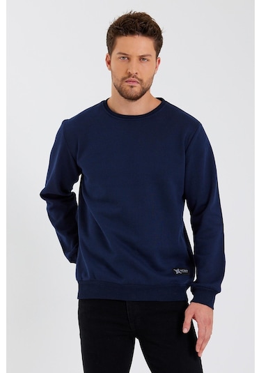 MMetalic Bisiklet Yaka Etiket Detayı İçi Pamuklu Erkek Sweatshirt Lacivert