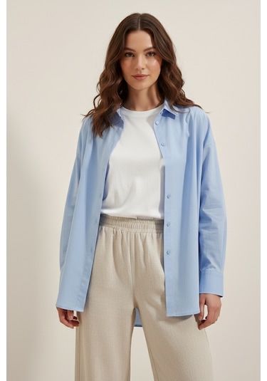 Yxc Trend Maker Oversize Uzun Basic Bayan Keten Gömlek Mavi