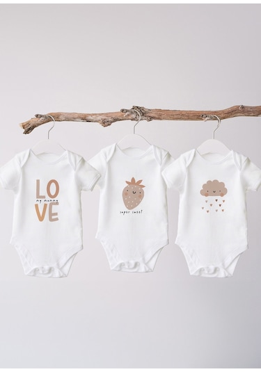 Lilabio %100 Organik Pamuk 3'lü Baskılı Kısa Kollu Bebek Body Beyaz