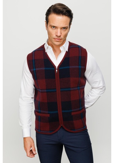 Erkek V Yaka Önü Kareli Yelek Bordo Bordo