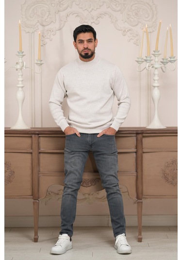 Woolen World Balıkçı Yaka Kalın Yünlü Erkek Triko Kazak Krem