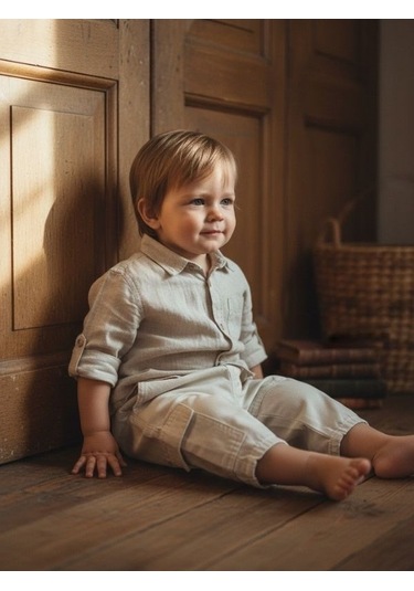 Zekids Erkek Bebek Rahat Kesim Cepli Pantolon-17196 Krem