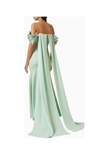Ac By Aanchal Chanda Off - Shoulder Cape - Style Çiçek Işlemeli Maxi Kadın Elbise Yeşil