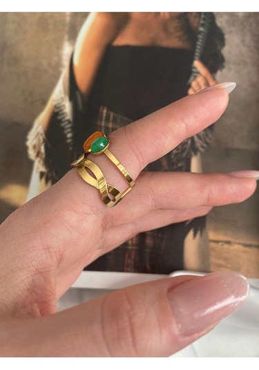 Vintage Renkli Oval Taşlı Çelik Kararmaz Ayarlanabilir Gold Yüzük