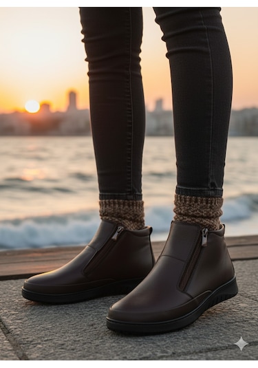 Muggo Feniks Hakiki Deri Çift Fermuarlı Kadın Bot Kahverengi
