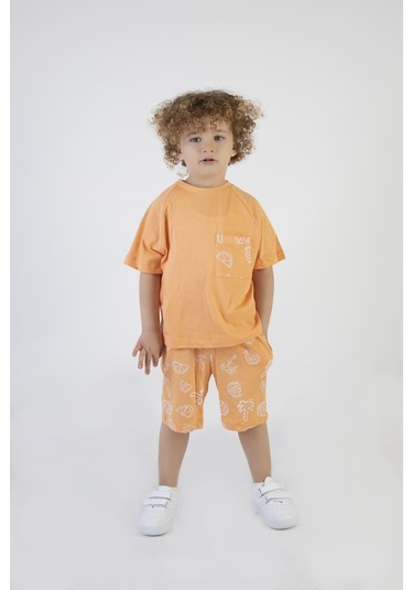 Erkek Çocuk Palmiye Baskılı Turuncu Renk Kısa Kollu Şortlu Alt Üst Takım 001
