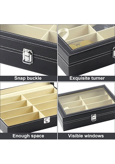 Ruicoo 8 Bölmeli Pu Deri Gözlük Kutusu - Cam Kapaklı Gösterimli Çift Katlı Gözlük Ve Saat Saklama Kutusu