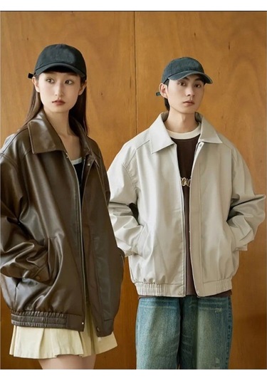 Unisex Yeni Sezon Kapitone Dolgulu Oversize Vintage Krem Deri