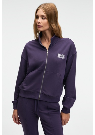 TORINA Kadın Nakış Detaylı Fermuarlı Çift Cepli Relax Mor Ceket