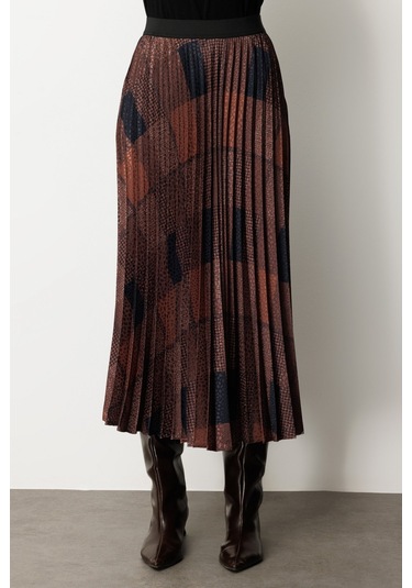 Ekol Kadın Desenli Piliseli Etek 2045 Kahverengi Kahverengi