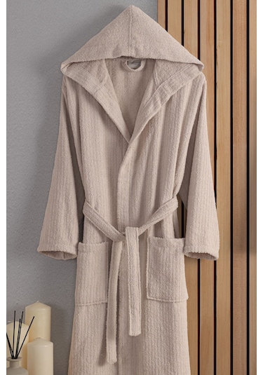 Güvenal Eos Unisex Pamuk Çizgili Kapüşonlu Bornoz Çeyiz Bornoz Seti Sabahlık Hediyelik 3 Bej