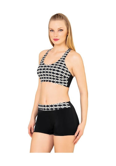 Endeep Kadın Geometrik Desenli Toparlayıcı Şortlu Bikini Takımı Siyah