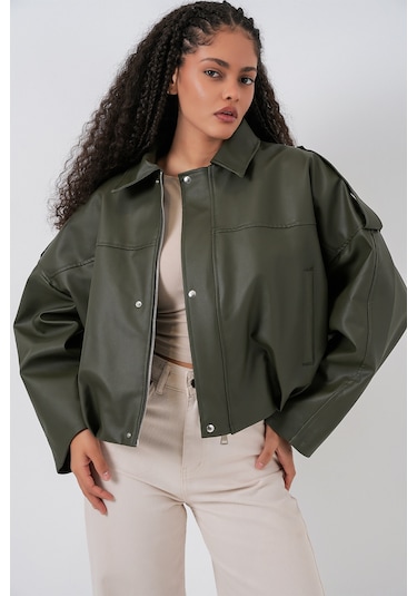 Kadın Oversize Deri Ceket 1055 - Haki Haki