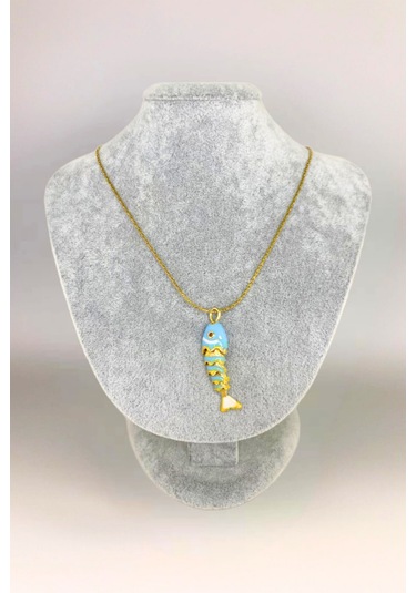 Gold Renkli Hareketli Çelik Balık Kolye, Mavi Altın