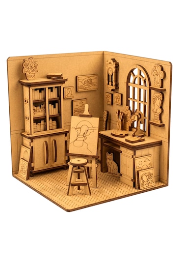 Sanat Atölyesi Ahşap Maket Seti Dıy Miniatür Artist Workshop Peri Led'li 3d Puzzle
