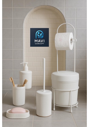 6 Parça Banyo Seti Çöp Kovalı Tuvalet Kağıtlığı-tuvalet Fırçası-sıvı Ve Katı Sabunluk-diş Fırçalık Beyaz