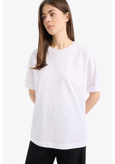 DeFacto Oversize Geniş Kalıp Bisiklet Yaka Penye Basic Düz Kısa Kollu Beyaz Tişört C0099AX25SPWT34