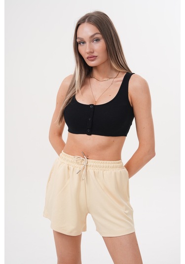 Genius Store Kadın Modal Şort Beli Lastikli Cepli Şort Modal-şort Sarı