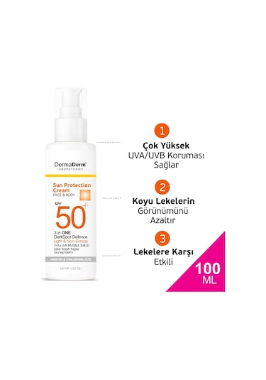 Dermaderm Leke Karşıtı Yüz ve Vücut Güneş Kremi SPF50+ 100 G