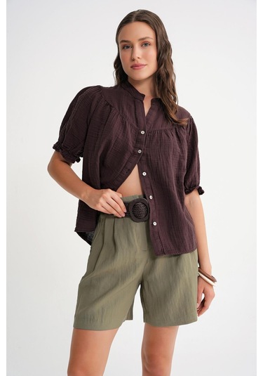 4725 Kadın Büzgü Robalı Kolu Fırfırlı Müslin Gömlek Kahve Kahve