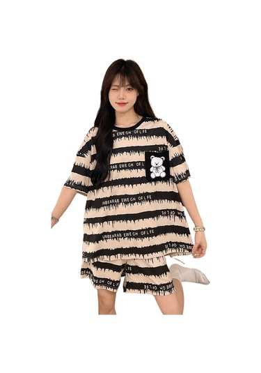 Snapbuy Göğüs Yastığı İle Şişme Önleyici Pijama Kadın Yaz Gülen Kore Kısa Kollu Şort Sevimli Öğrenci İnce Ev Giyim Seti 6013 Siyah Ayılar Göğüs Yastığı İle