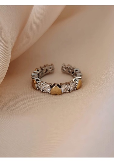 Kalp Tek Taş Model Ayarlanabilir Silver Gold Altın Renkli Yüzük Çok Renkli