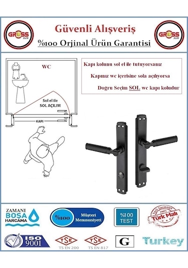 Parçalı Wc Banyo Kapı Kolu - Mat Siyah - 1 Takım Ön Ve Arka - Sol
