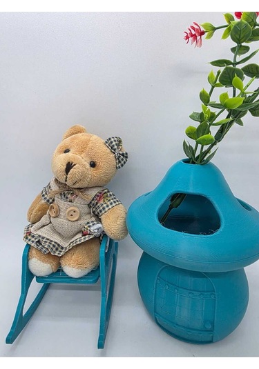 Kalemlik-ayıcık- Turkuaz- Sima Mantar Çiçekli Üç Gözlü Kalemlik Düzenleyici Turkuaz