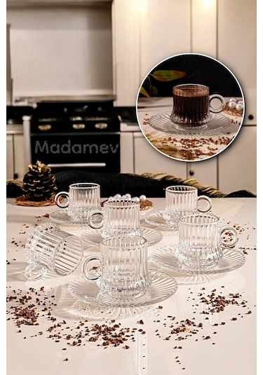 Çeyizci Çarşı 12 Parça Cam Kahve Fincan Seti Origami Çizgili Desen Nescafe Fincanı Cam Tabaklı Çay Takımı 125cc Şeffaf