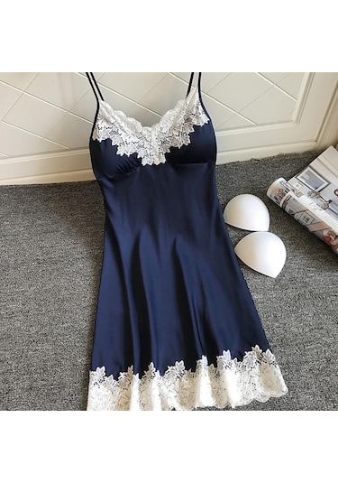 Saten Pijamalar Kadın Bayan Kıyafeti Gecelik Seksi İç Çamaşırı Göğüs Pedleri İle Gümüş