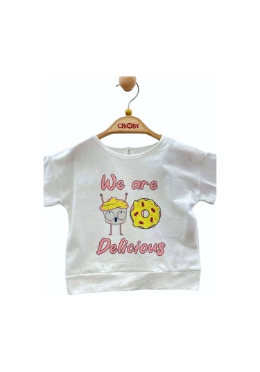 Çikoby Kız Bebek Pamuklu Donat Baskılı T-shirt-13895 Beyaz