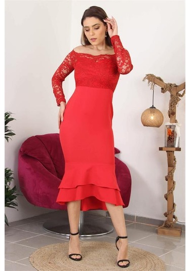 Dipmoda Kadın Yeni Sezon Eteği Kat Kat Dantel Detaylı Midi Abiye Elbise Swll03 Kırmızı