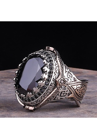 Faset Kesim Siyah Zirkon Taşlı Kral Tacı Tasarım 925 Ayar Gümüş Erkek Yüzük