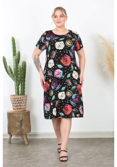 Kadın Siyah Çok Renkli Çiçek Desen Midi Elbise Siyah