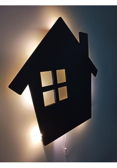 CajuArt Siyah Ev Şekilli Led Işıklı Ahşap Duvar Dekor Ahşap Tablo