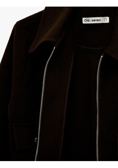 Koton Uzun Kollu Klasik Yaka Cep Detaylı Oversize Fermuarlı Ceket Kahverengi 6wal60068ıw Kahve
