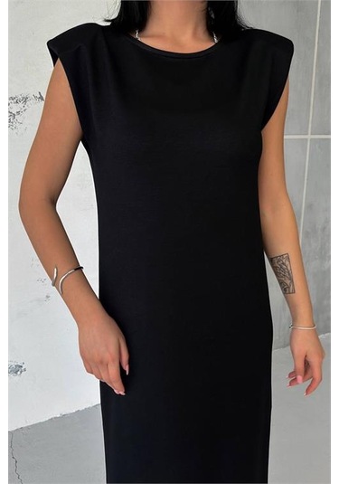 Neşeli Butik Kadın Vatkalı Yırtmaç Detaylı Modal Elbise Nbg010 Siyah