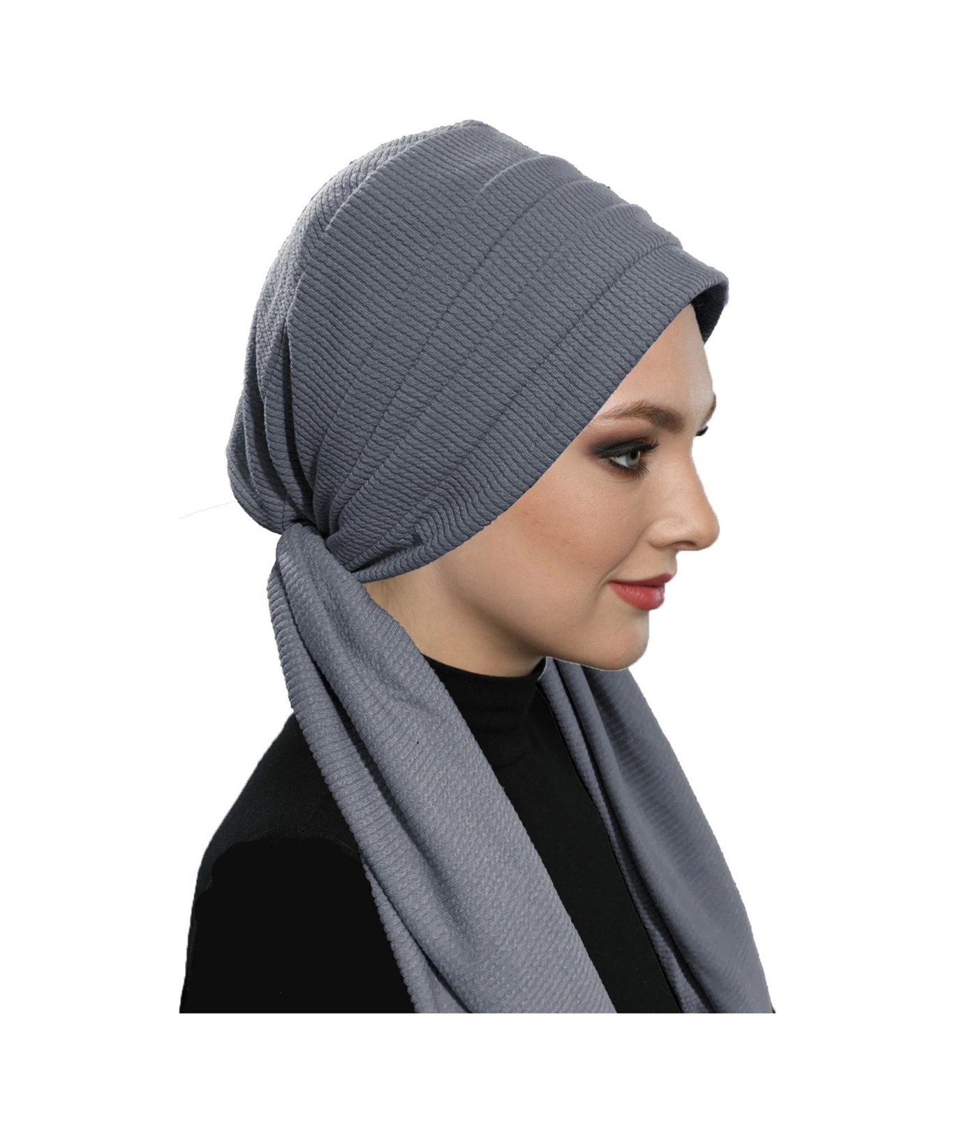 Fitilli Penye Bağlama Koyu Gri Hazır Türban Tesettür Bone Koyu Gri