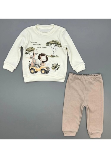 Erkek Bebek Orman Hayvanları Baskılı Alt Üst İkili Gündelik Takım Bej