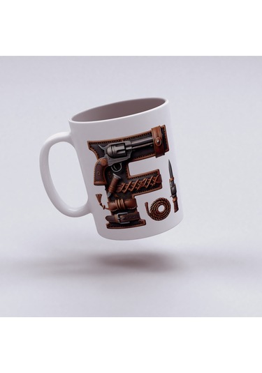 F Harfi Kovboy Temalı Bardak 330 Ml İsim / Harf Kişiye Özel Hediye - Vahşi Batı Konsept Beyaz