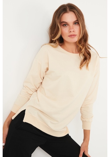 Lela Pamuklu Regular Fit Bisiklet Yaka Basic Bayan Sweat 5863569 Taş