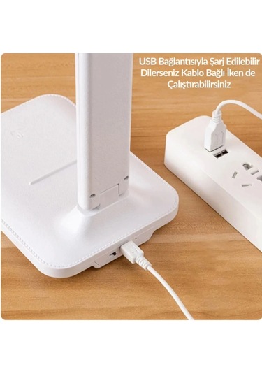 Şarjlı Masa Lambası - 3 Renk Dokunmatik Telefon Standlı 9w Led 800 Lümen Usb Şarjlı Beyaz