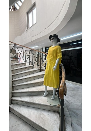 İtalyan Saçak Detaylı Müslin Keteni Yırtmaçlı Elbise - Bluz & 2'li Takım-9905 Sarı