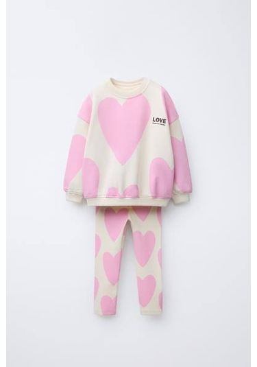 Kız Çocuk Slogan Yazı Detaylı Sweatshirt + Tayt Alt Üst Takım Kalp