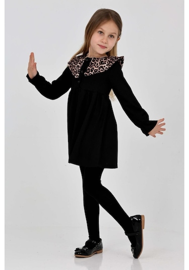 Kız Çocuk Yaka Desenli Bürümcük Elbise 12190 Siyah