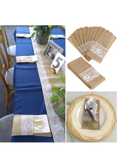 Springsun Doğal Keten Dantelli 30'lu Çatal Kaşık Kılıfı - Düğün & Özel Günler İçin Şık Organizer Diğer