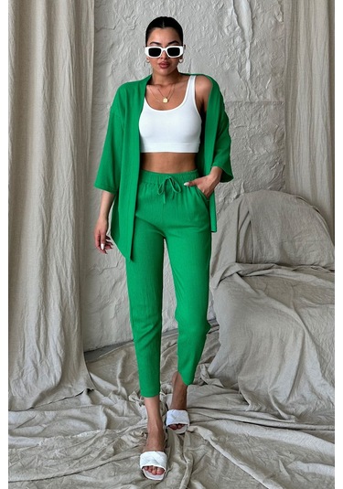 Modagen Kadın Yeşil Kimono Alt Üst Havuç Pantolon Takım Yeşil
